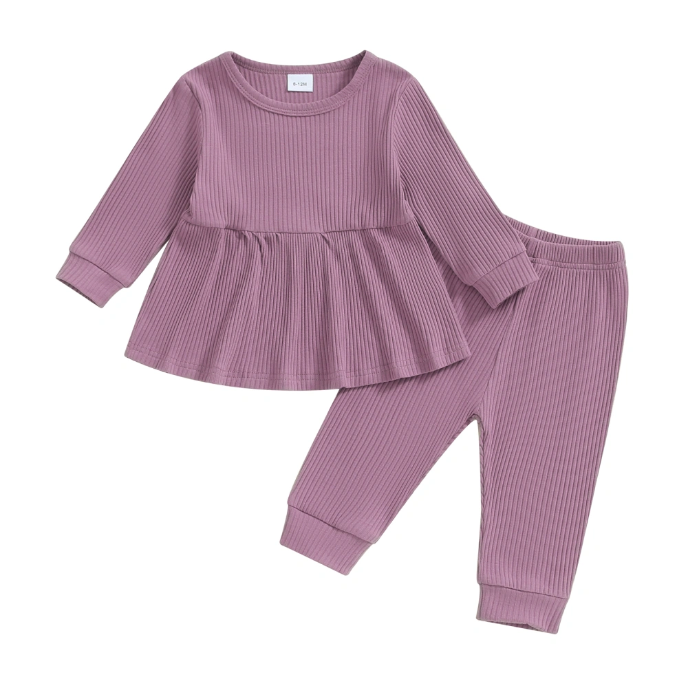 Toddler Girls Fall Outfits Solid Colors Ribbed Shirt and Elastic Pants