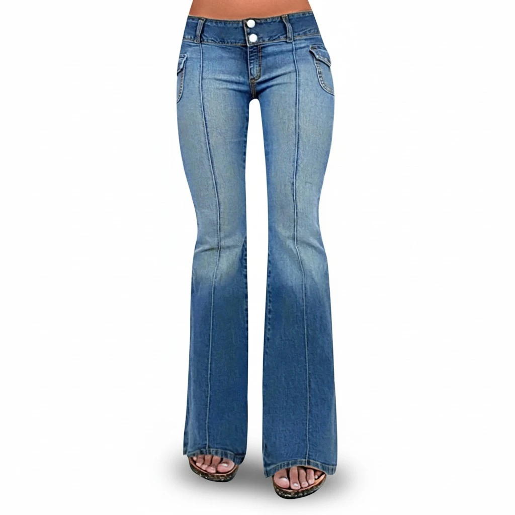 Womens Denim Flared Jeans Pockets Stretchy Slim Fit Trousers