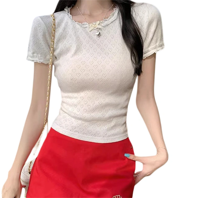 Women T-shirt, Short Sleeve Lace Trim Bow Hollowed Heart Tops