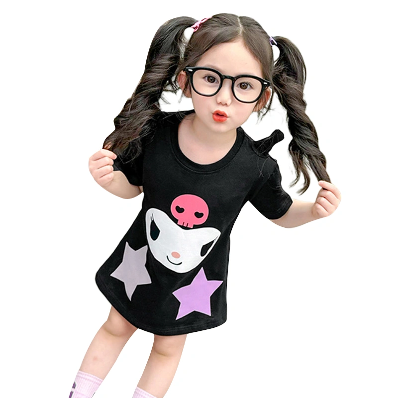 Girls Summer A-line Dress Short Sleeve O Neck Cartoon Print Dress