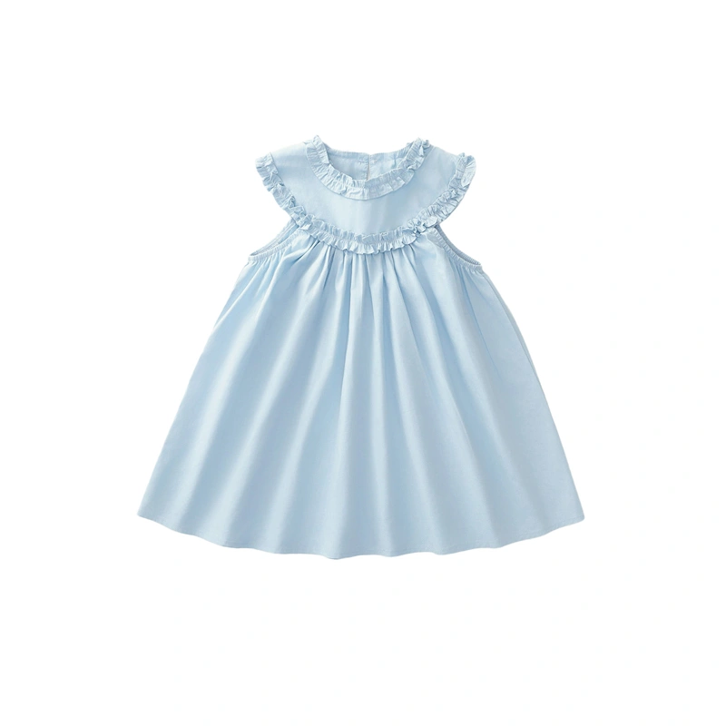 Kids Girl Summer Dress Sleeveless Round Neck Frill Trim Dress