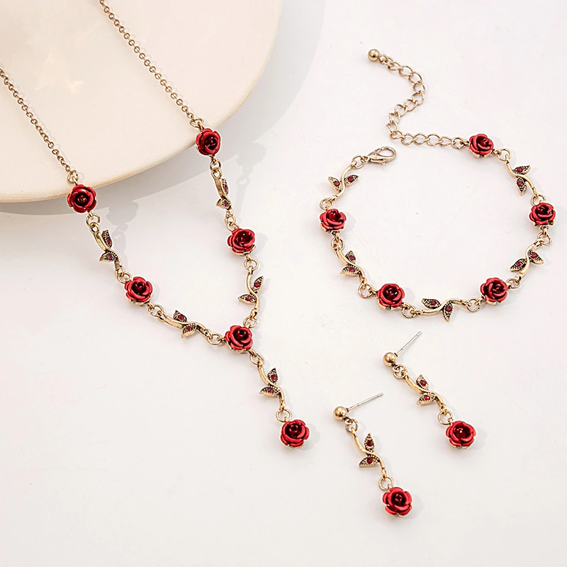 Vintage Rose Bracelet Necklace Three-piece Earrings Set