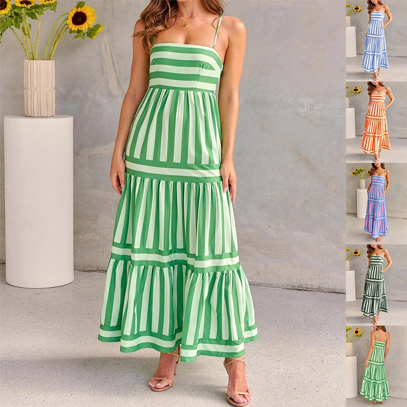 Summer Striped Printed Suspender Long Dress With Pockets Fashion Square Neck Backless Dresses For Beach Vacation Women Clothing