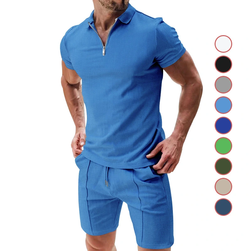 2Pcs Casual Waffle Suit Summer Zipper Lapel Short-sleeved Top And Drawstring Pockets Shorts Versatile Solid Color T-shirt Set For Mens Clothing