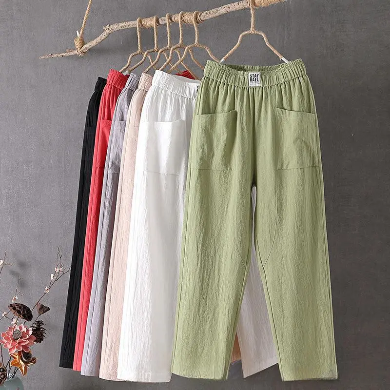 Women's Cotton Linen Pants, Casual Pants, Loose Pants, Straight Trousers, Summer Thin Cropped Pants, Harem Pants for Student