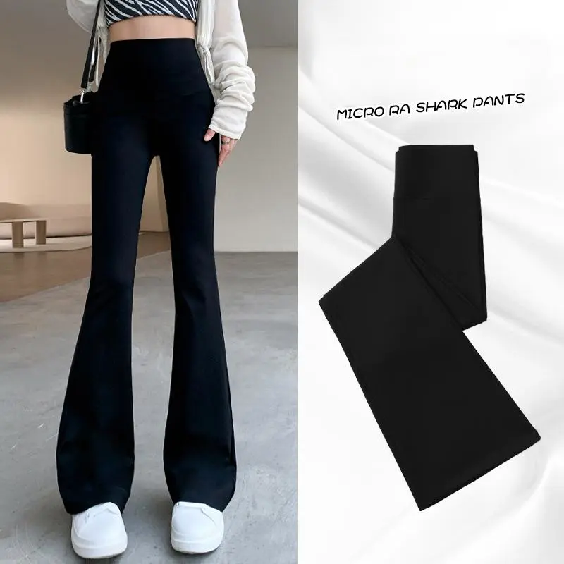 Women's Shark Pants, High-waisted Flare Leggings, Elastic Slim Shark Pants, Black Lengthen Bell Bottom Pants, Casual Wide-leg Pants