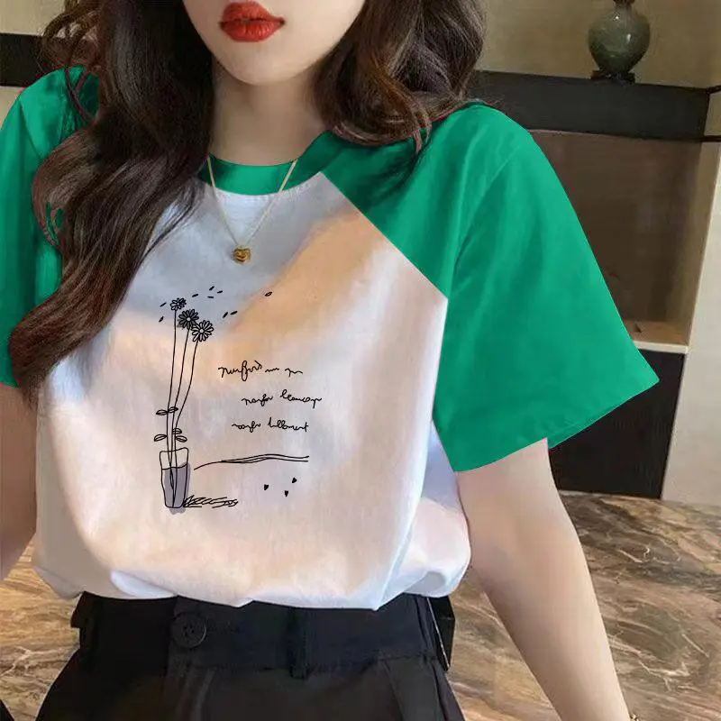 Women's Cotton Printed T-shirt, Short-sleeved Patchwork T-shirt, Summer Casual T-shirt, Loose Round Neck T-shirt, Short-sleeved Tops for Student