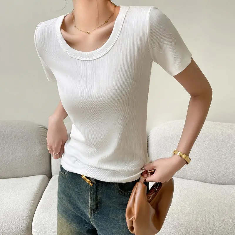 Women's Short-sleeved T-shirt, Summer Round Neck T-shirt, Ribbed Cotton T-shirt, Slim White Short-sleeved T-shirt, Casual Top for Student