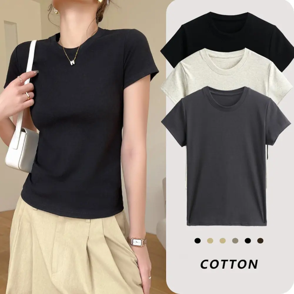 Women's Cotton Short-sleeved T-shirts, Summer Round Neck T-shirts, Plus Size Slim T-shirts, Casual Short-sleeved Tops for Student