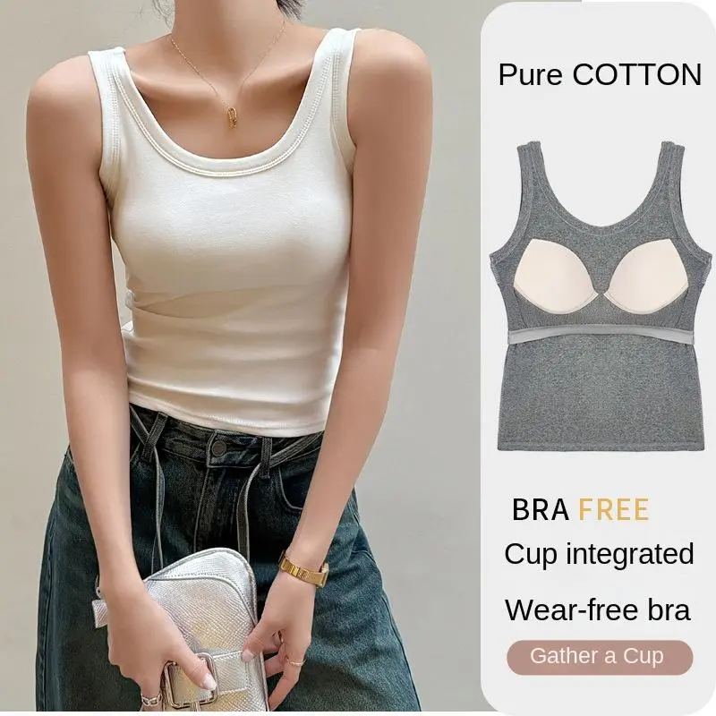 Women's Cotton Camisole, Sleeveless Wide Strappy Vest, Summer Camisoles with Chest Pad, Casual White Tank, Slim Top for Student