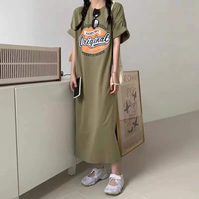 Summer Plus Size Dress, Short-sleeved T-shirt Dress, Retro T-shirt Long Dress, Daily Loose Dress, Printed Short-sleeved Long Dress, Casual Midi Dress