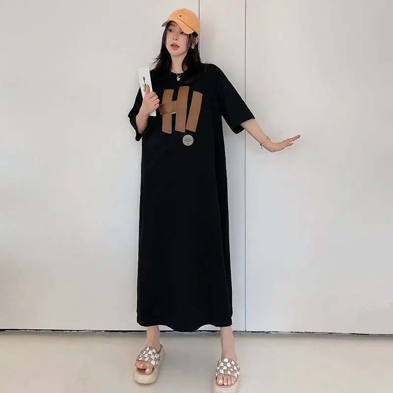 Short Sleeve T-shirt Dress, Summer Plus Size Dress, Women's T-shirt Long Dress, Daily Loose Dress, Printed Short Sleeve Long Dress, Casual Maxi Dress