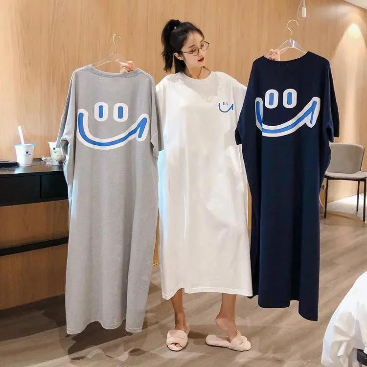 Women's Plus Size Dress, Short-sleeved Casual Dress, Summer Loose Dress, Plus Size T-shirt Long Dress, Smiley Face Print Dress, Daily Maxi Dress, Home Dress