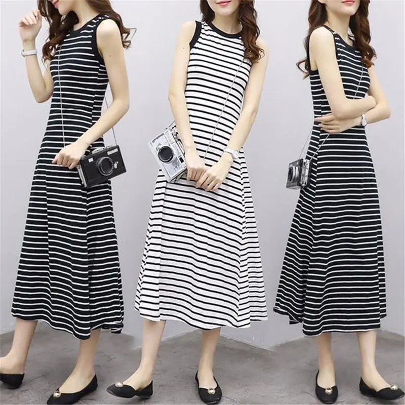 Women Striped Dresses, Summer Sleeveless Dresses, Round Neck Sleeveless Dresses, Simple Casual A-Line Maxi Dresses