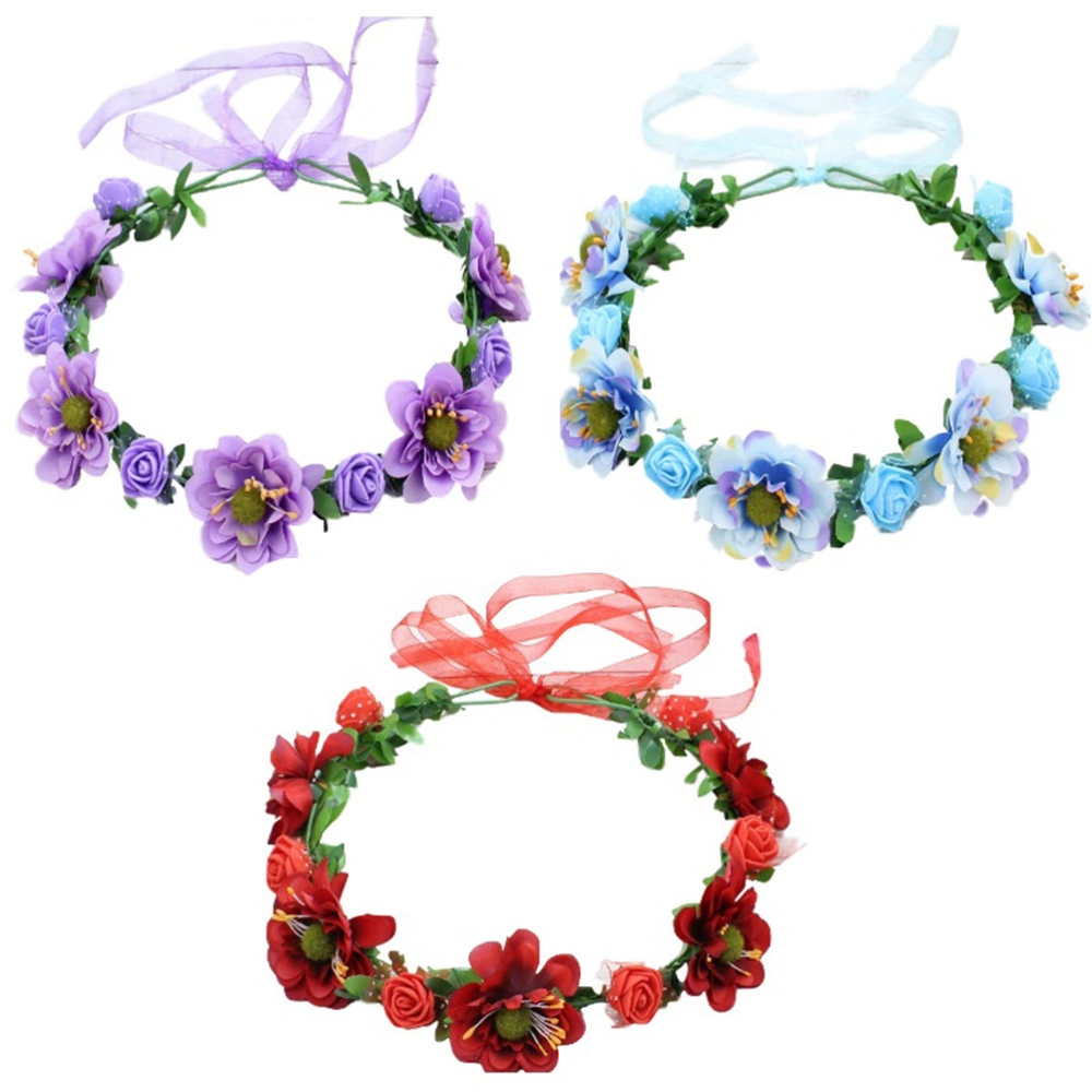 3pcs Seaside Headband Bohemia Style Simulation Floral Wreath Garland Hair with Ribbon (Red Purple Blue)