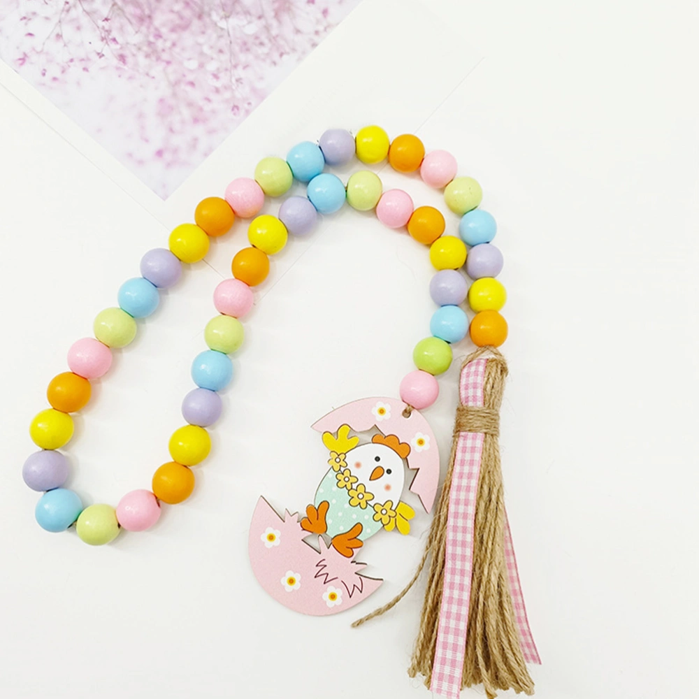 Spring Wood Bead Garland with Tassels Easter Bunny Tag Wooden Beads Garland Decor