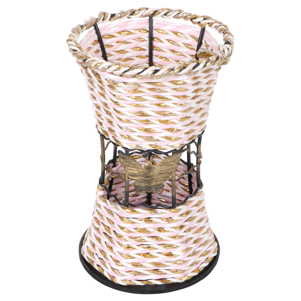 1PC Simulated Rattan Woven Vase Mini Desktop Round Vase Simple Iron Art Rattan Woven Flower Vase Delicate Handmade Rattan Woven Flower Vase for Wedding Home Balcony Living Room Pink