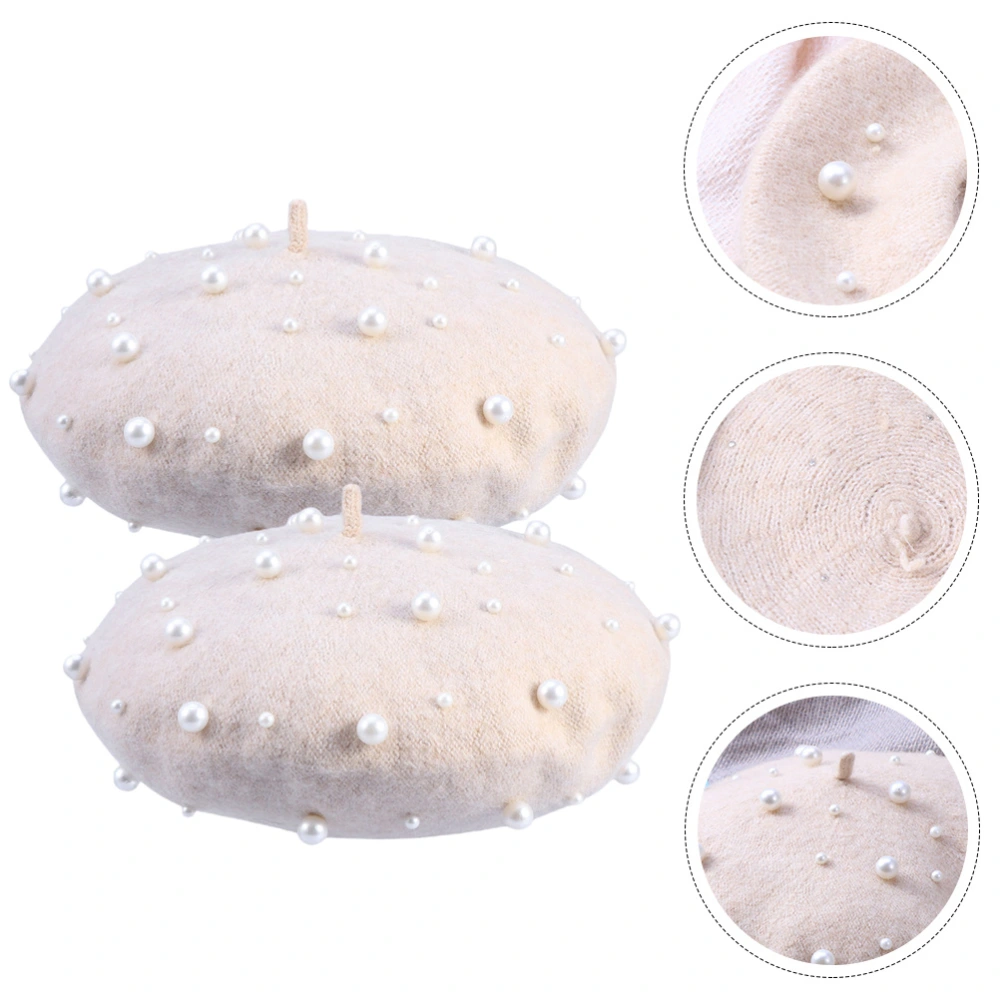 2pcs Simulated Pearl Berets Fake Pearl Autumn Winter Berets Imitation Cashmere Berets