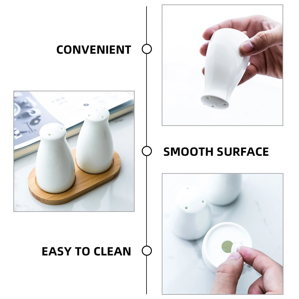 1 Set White Ceramic Pepper Salt Shaker Portable Powder Shaker Flour Spice Dispenser With Wood Tray