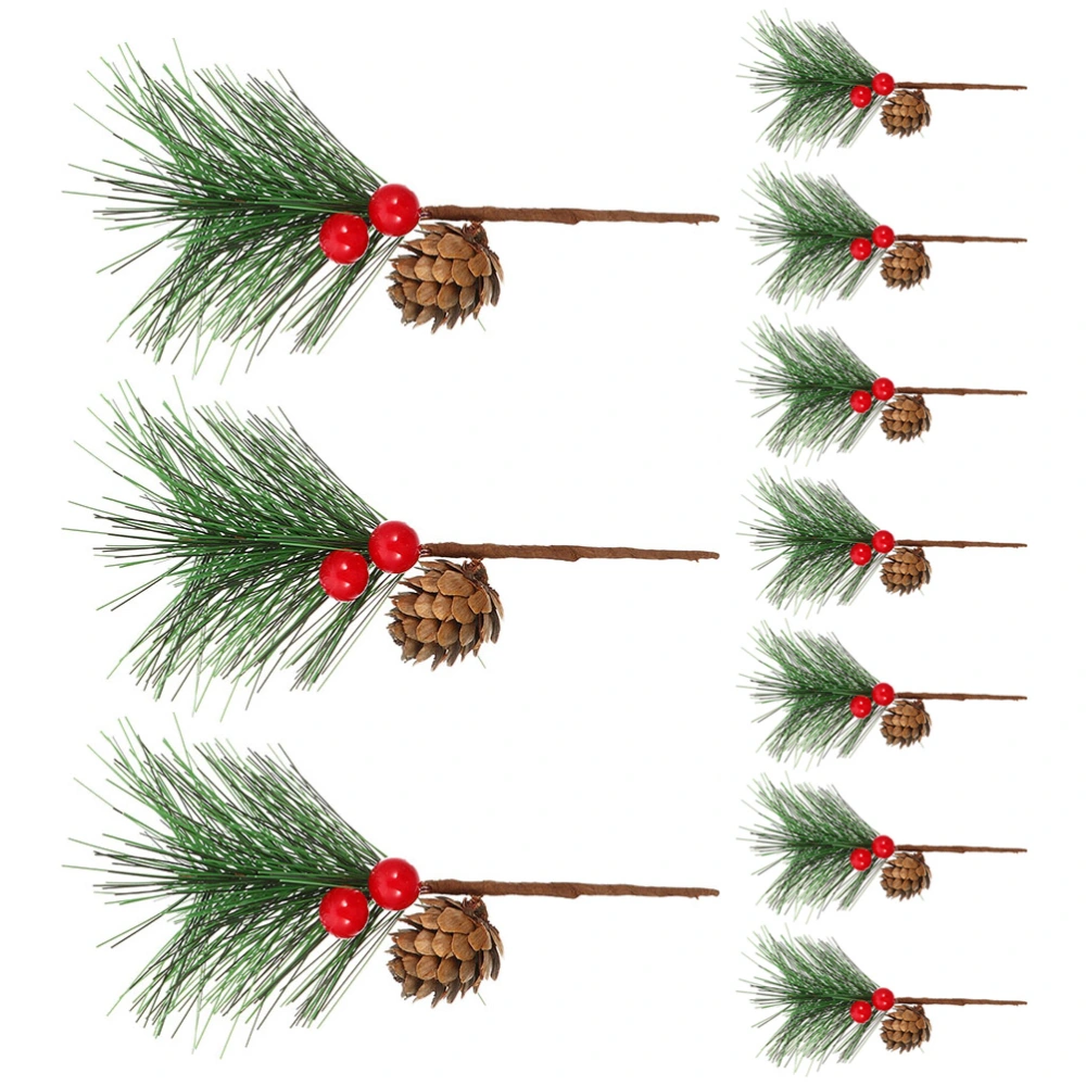 10Pcs Artificial Pine Pick Christmas Pine Needles with Red Berries Pine Cones Gift Packing Decoration