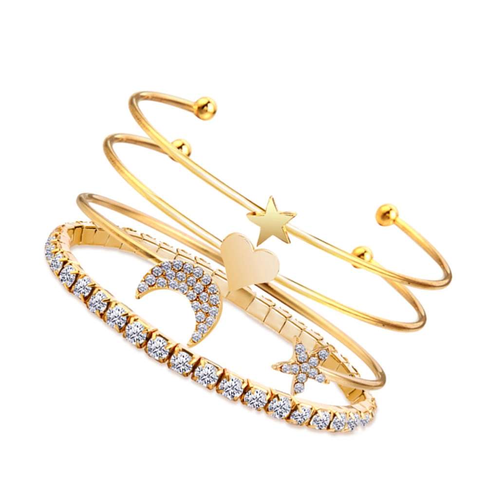 4Pcs Crystal Star Moon Bangle Set Multi-Layer Love Heart Opening Bracelet (Golden)