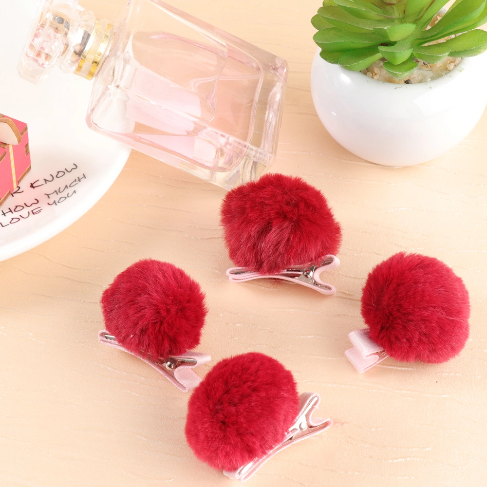 4pcs Plush Ball Hair Clip Hairpin Hair Accessories for Girls Kids Children (Red)