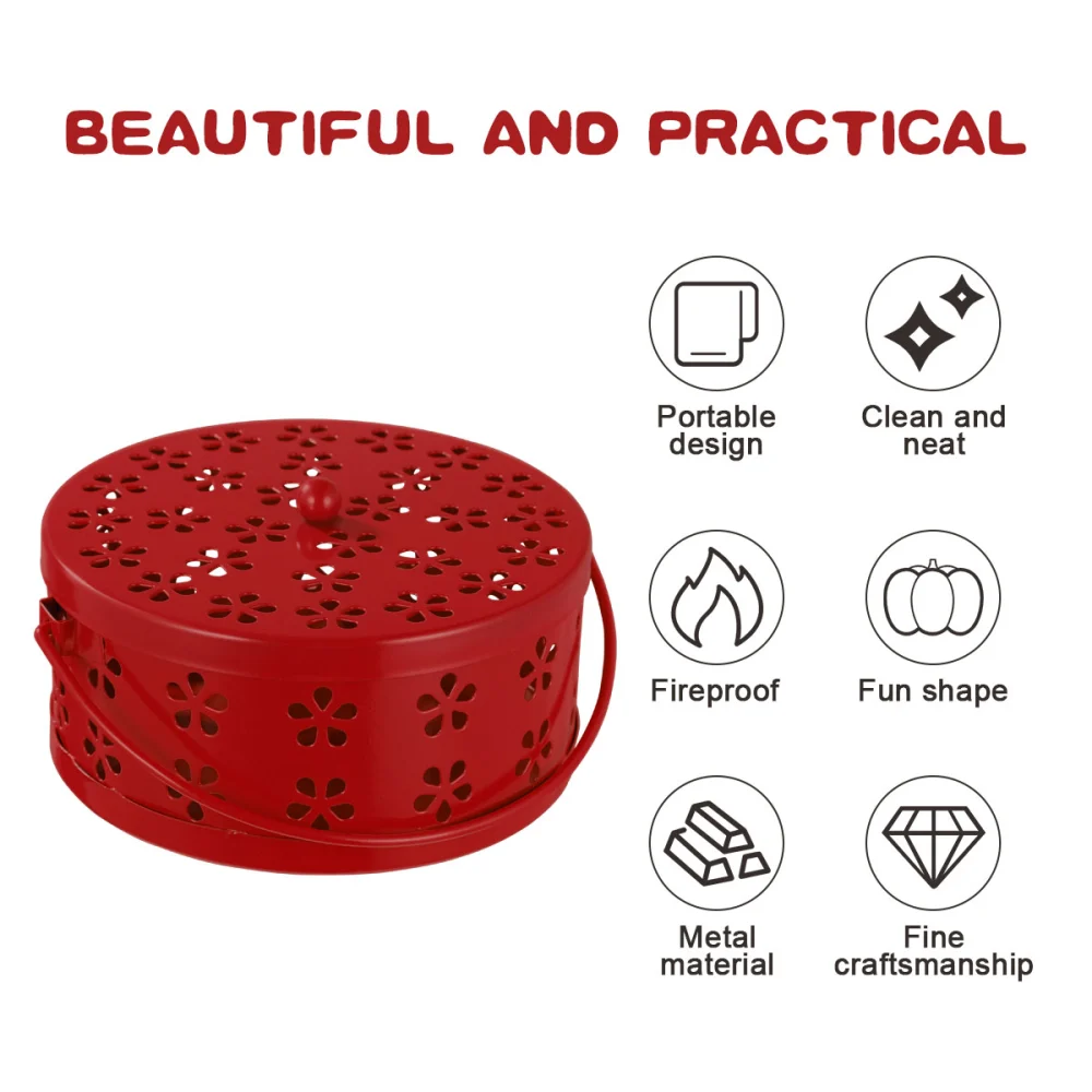 GARNECK Retro Fireproof Mosquito Coil Box with Handle Metal Hollow Out Mosquito Coil Holder Incense Burner Case (Red)