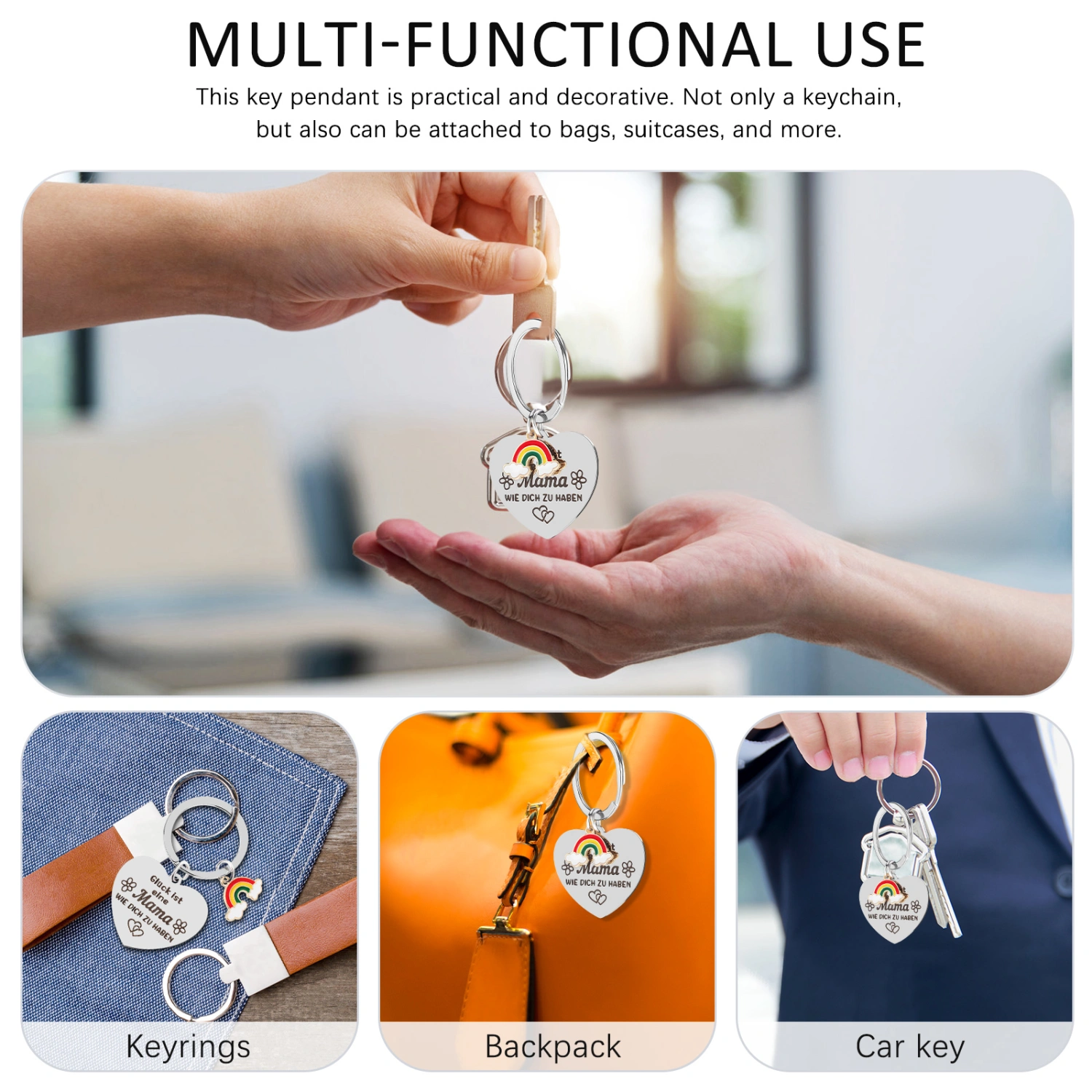 Heart Key Chain Mother Day Keychain Metal Rainbow Keychain Lovely Engraved Keychain for Mom