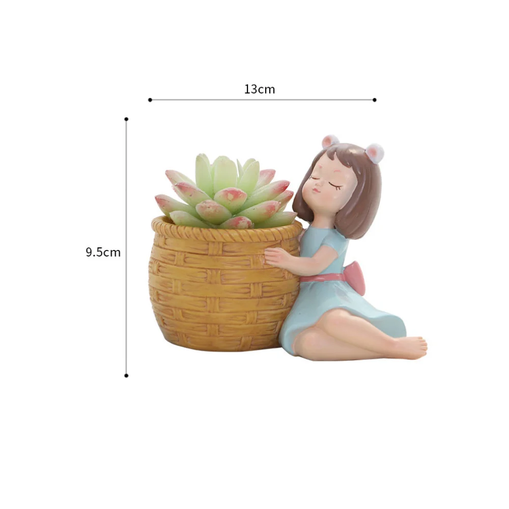 Resin Flowerpot Cartoon Artificial Ladies Shape Color Painted Basin Plant Container Desktop Ornament for Home Micro Landscape Supplies (Light Green)