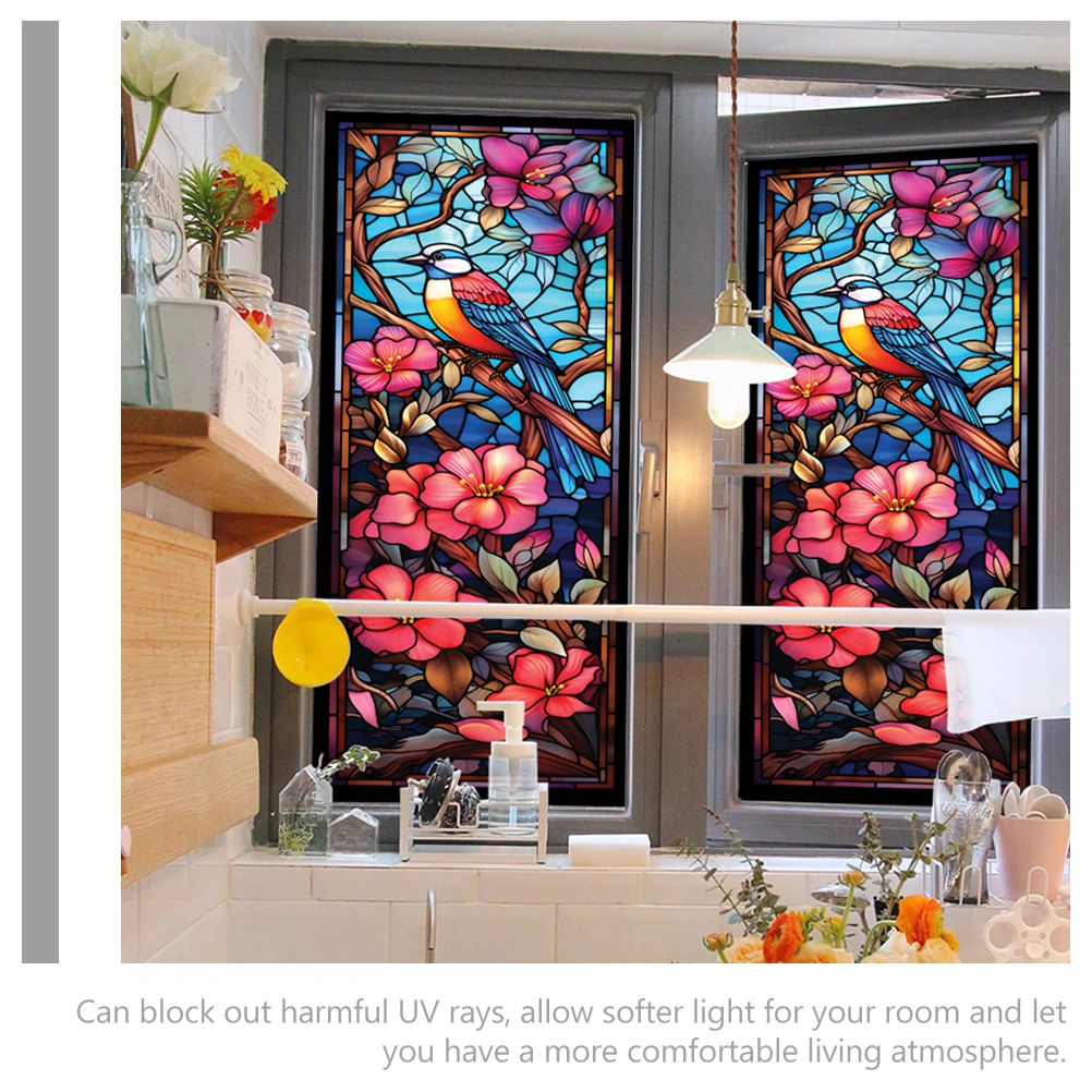 Window Privacy Film Static Cling Bird Flower Window Film Bathroom Home Office Decoration