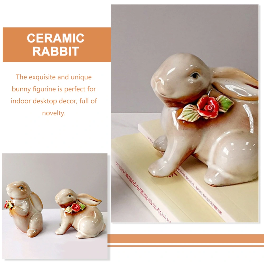 2pcs Garden Ceramic Rabbit Statues Desktop Decorations Small Ceramic Bunny Figurines