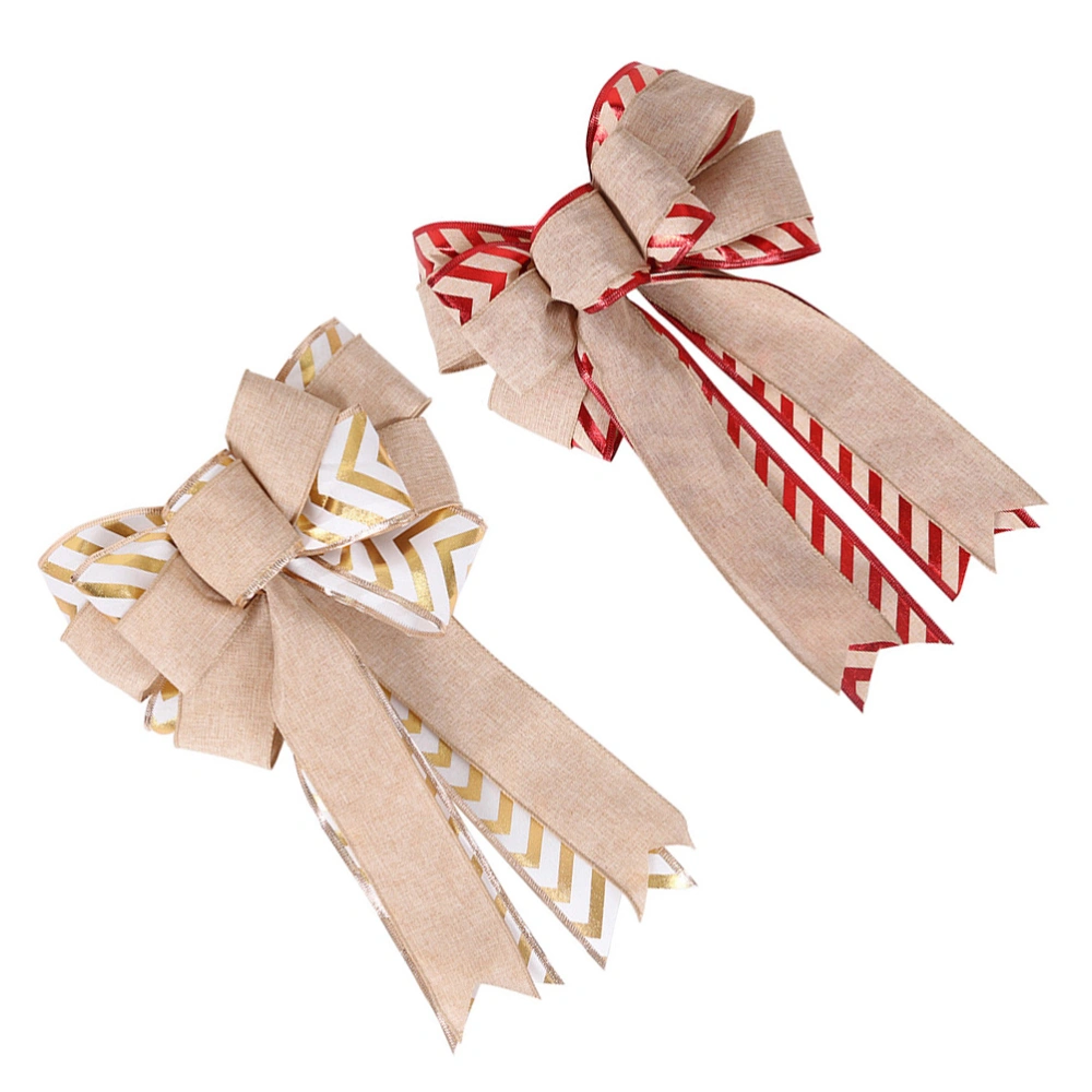 2Pcs Christmas Bowknot Decorations DIY Adornments Xmas Tree Props (Red, Khaki)