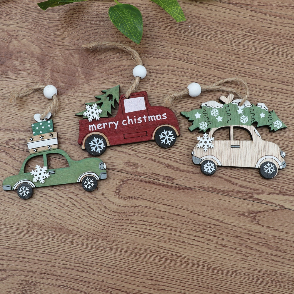 3pcs Christmas Hanging Wood Tag Car Pendant Christmas Tree Decor Ornament with Bells Party Supplies for Party Wedding