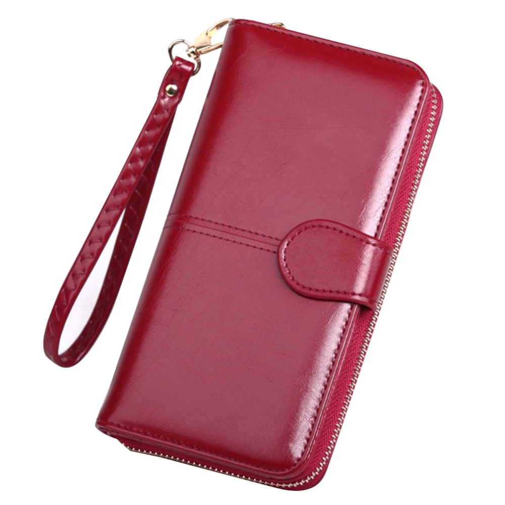 PU Leather Long Wallet Zipper Cell Phone Pouch Snap Closure Purse Portable Pack (Wine Red)