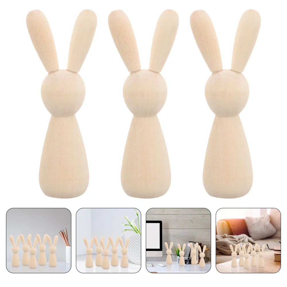 3Pcs Unfinished Wooden Bunny Unpainted Peg Dolls Wood DIY Graffiti Mini Bunny Crafts