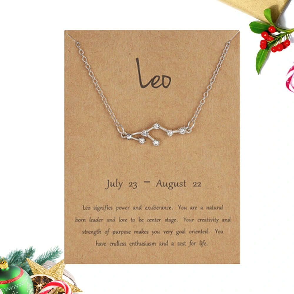 12 Constellation Pendant Rhinestone Necklace Horoscope Astrology Chain Jewelry with Paper Birthday Gift for Women (Silver, Leo)