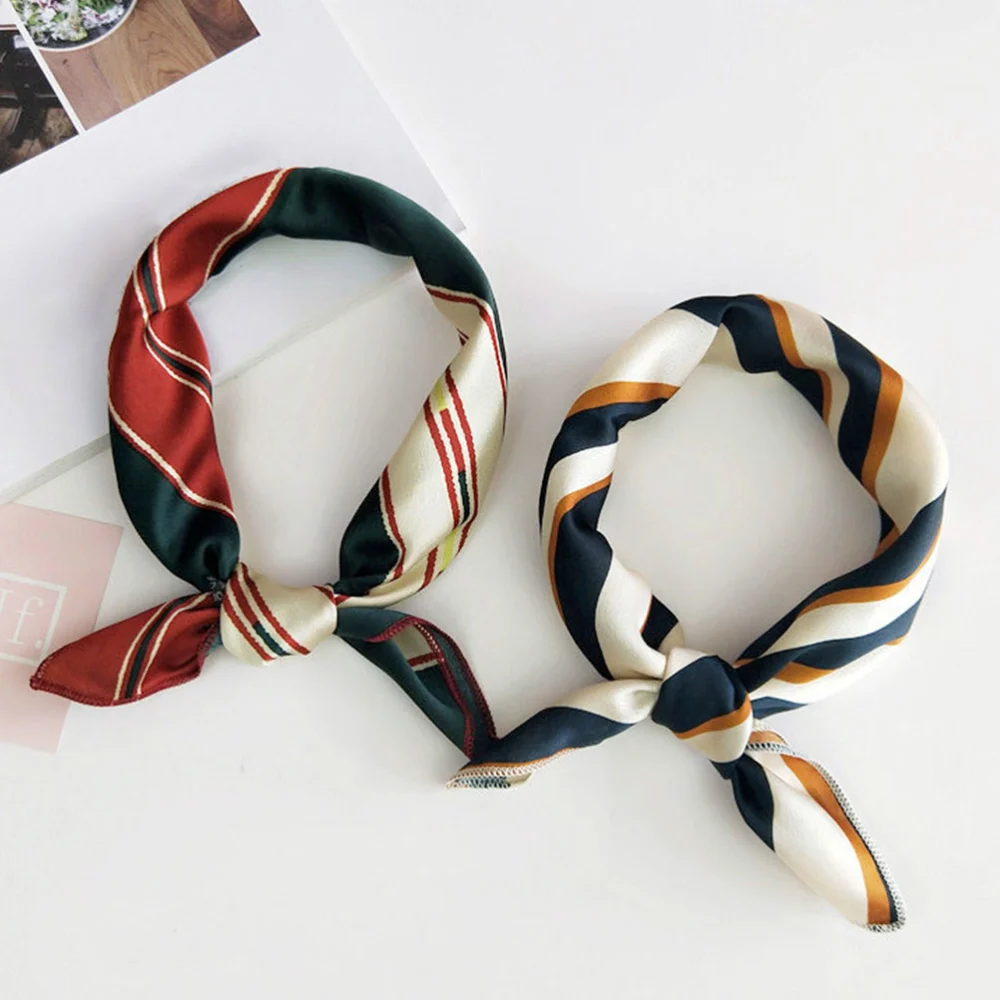 2Pcs Square Shaped Scarf Gift Small Scarf Occupation Kerchief Christmas Decoration Satin Printed Scarf Hair Band(Orange)