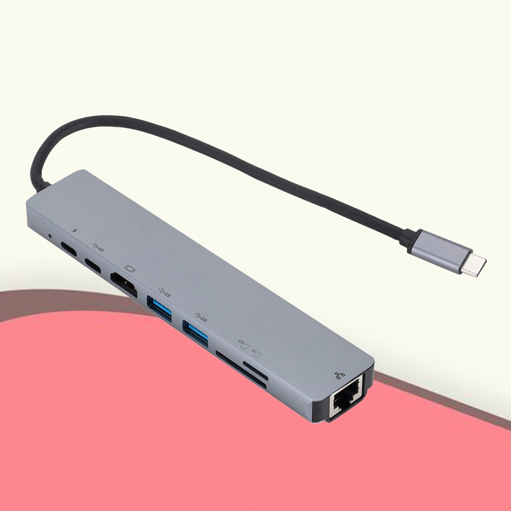 8 In 1 USB C to 2 USB 3.0 5Gbs SD TF Slot 4K 60Hz Type C Hub Adapter PD Charging 1000Mbps RJ45 LAN (Silver and Light Grey)