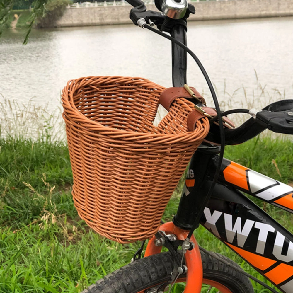 1 Pc Woven Bucket Bike Imitation Rattan Basket Waterproof Wicker Food Basket for Children Bike (Dark Brown)