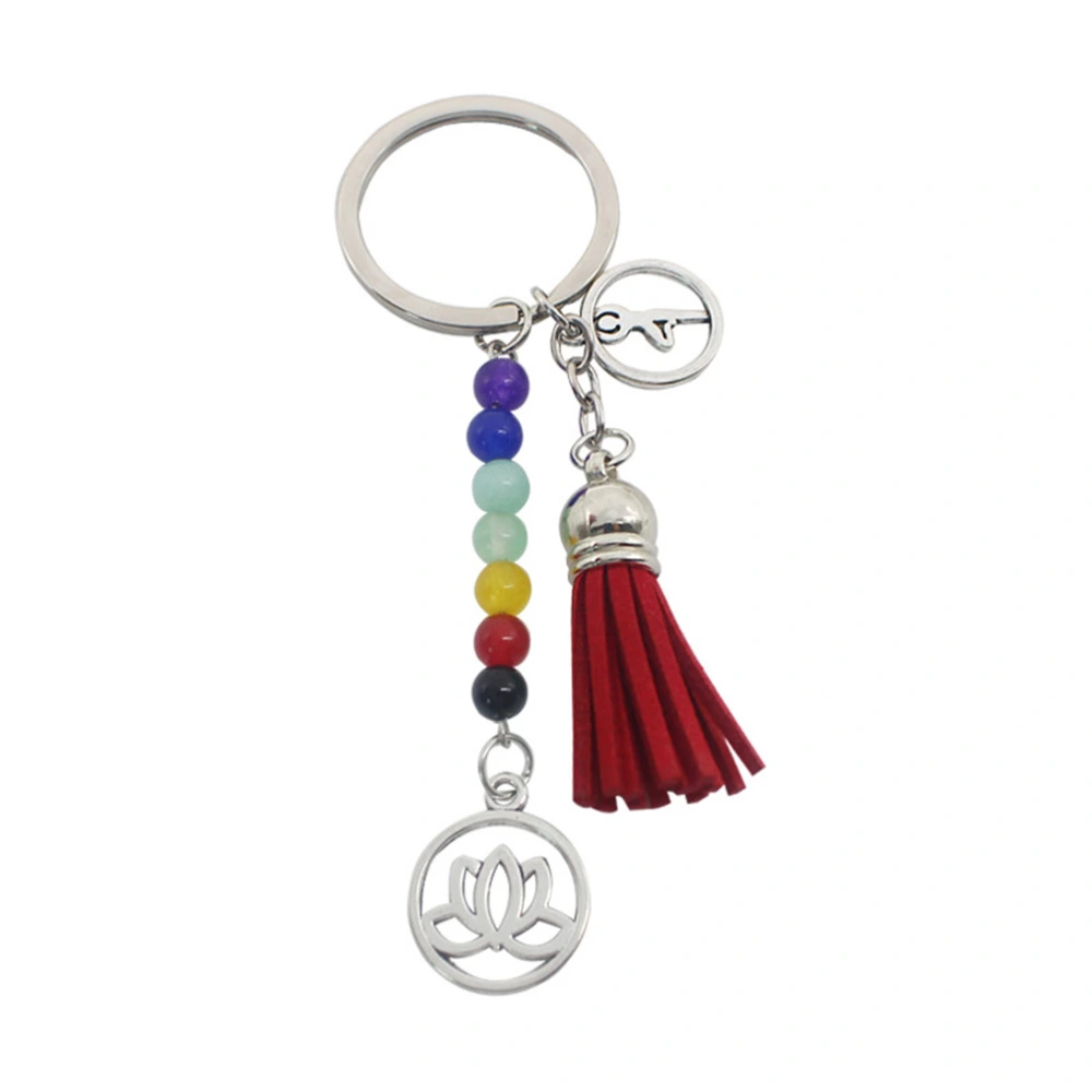 Creative Seven Chakra Design Yoga Keychain Colorful Stone Tassel Lotus Pendant Key Ring Gift Bag Hanging Ornament (Red)