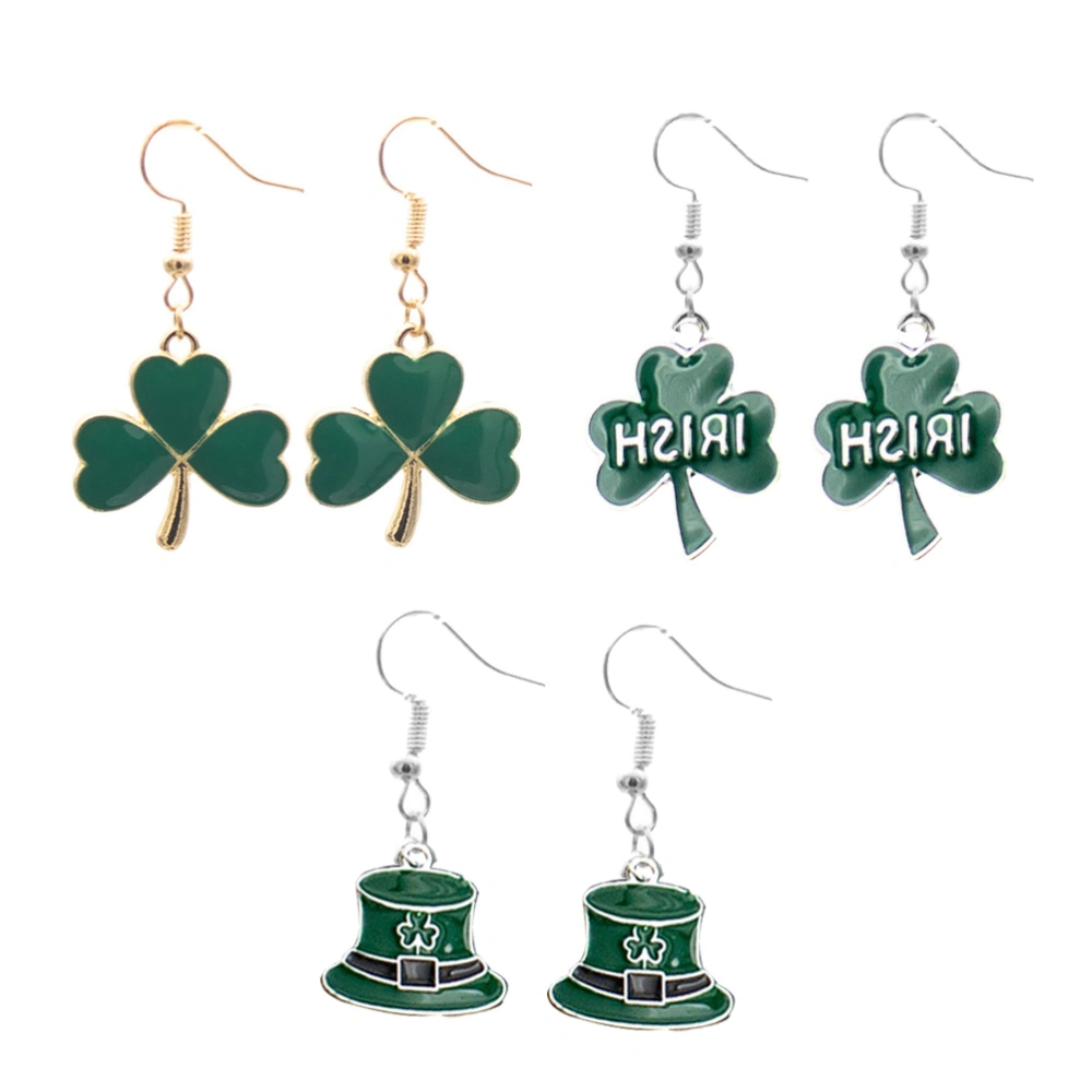 3Pairs St. Patrick's Day Women Earrings Fresh Style Oil Drop Ear Pendants Green