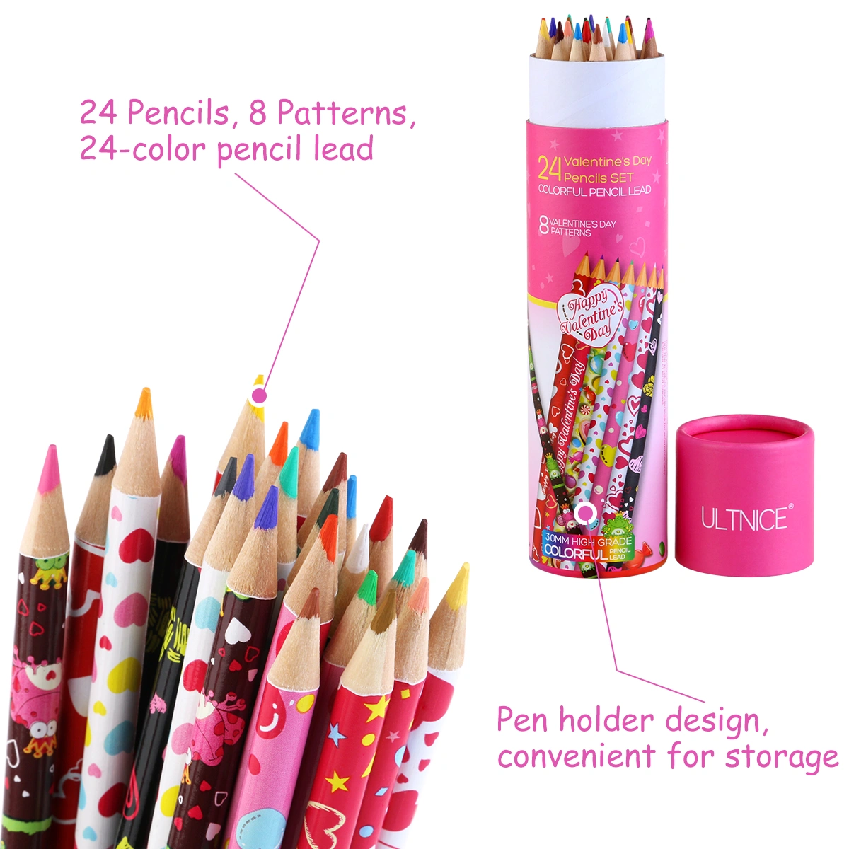 ULTNICE 24pcs Premium Distinct Colored Pencils for Adult Coloring Books Assorted Coloring Pencils Set for Kids Valentine's Day Gift