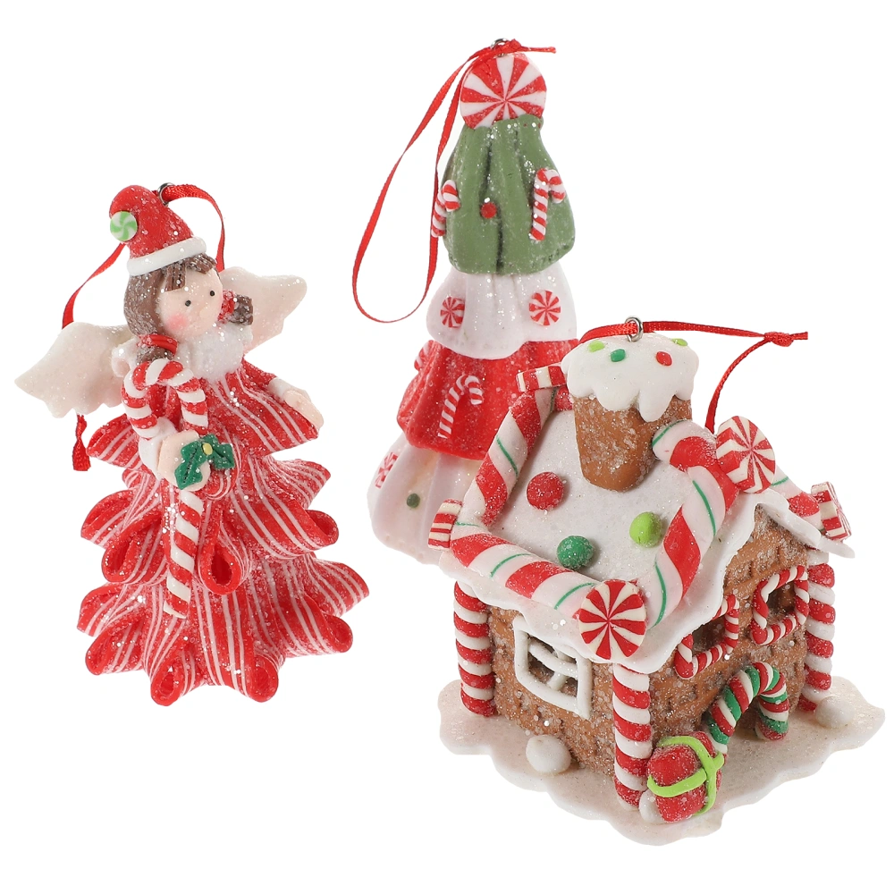 3pcs Christmas Clay Ornament Angel Girl Xmas Tree Small House Hanging Ornament