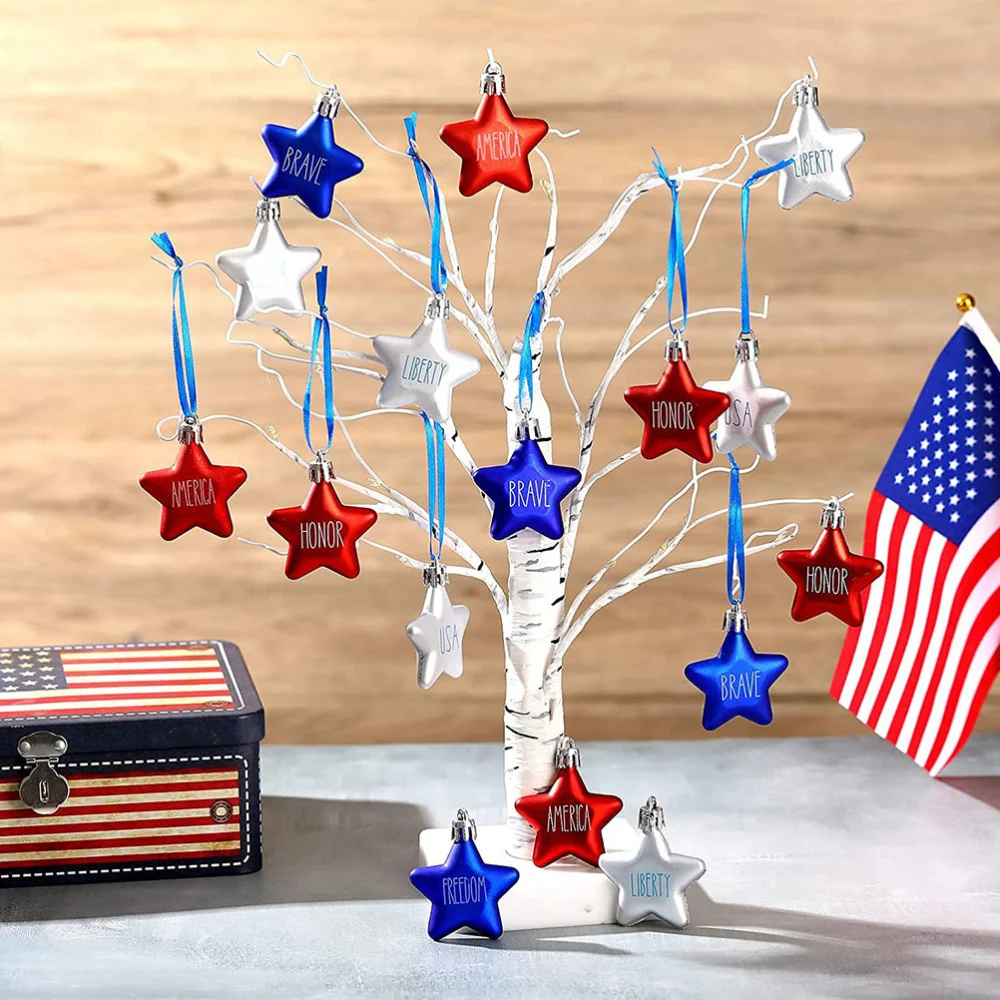  6pcs Patriotic Star Ornaments Memorial Day Independence Day Hanging Pendants Tree Decors