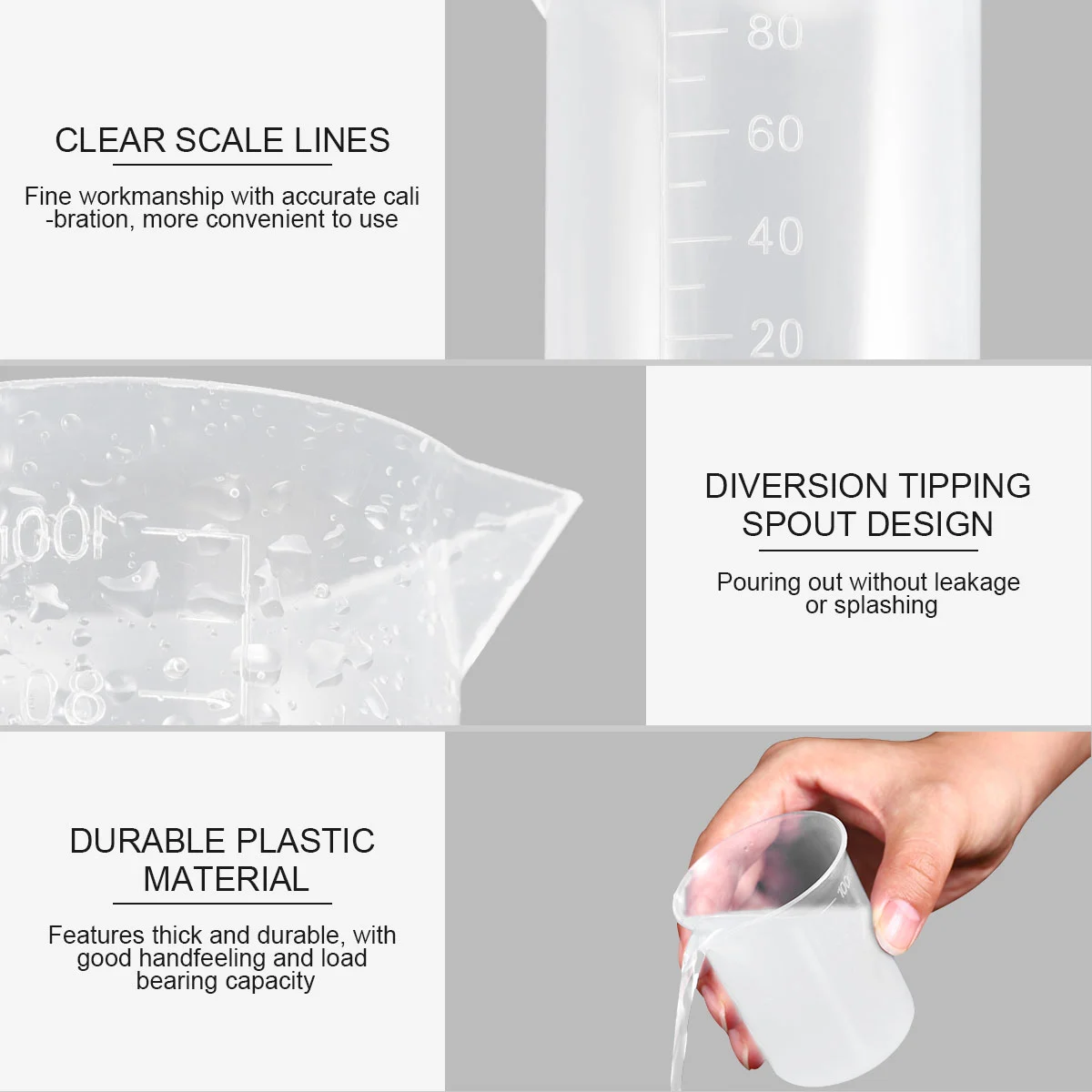 UEETEK 6pcs 100mL PP Plastic Measuring Cups Graduation Beakers Measuring Cups Liquid Container