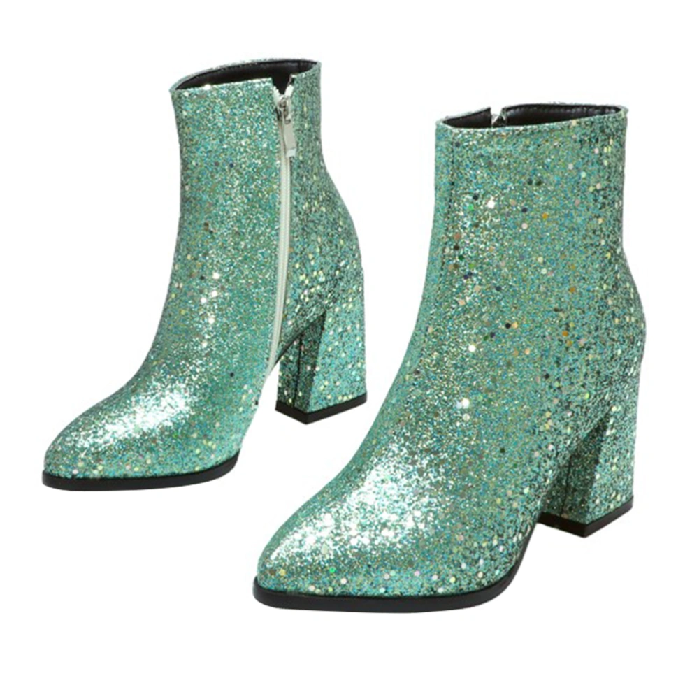 1 Pair High Heel Sequins Ankle Boots Pointed Toe Women's Boots Side Zipper Boots