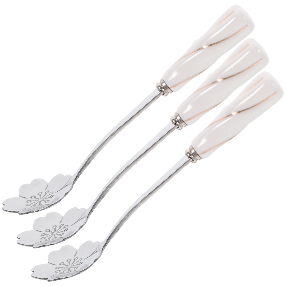 3 Pcs Stainless Steel Spoons Ceramic Handle Cake Spoon Petal Shaped Heads Stirring Coffee Spoons for Honey Milk Tea Cocktail Dessert - Cherry Blossom (White Gold)