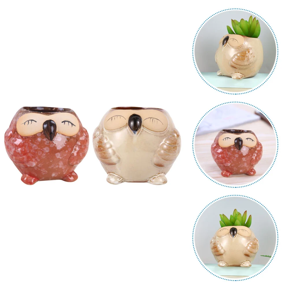 2Pcs Cartoon Ceramic Flower Pot Household Owl Modeling Succulent Planting Pot