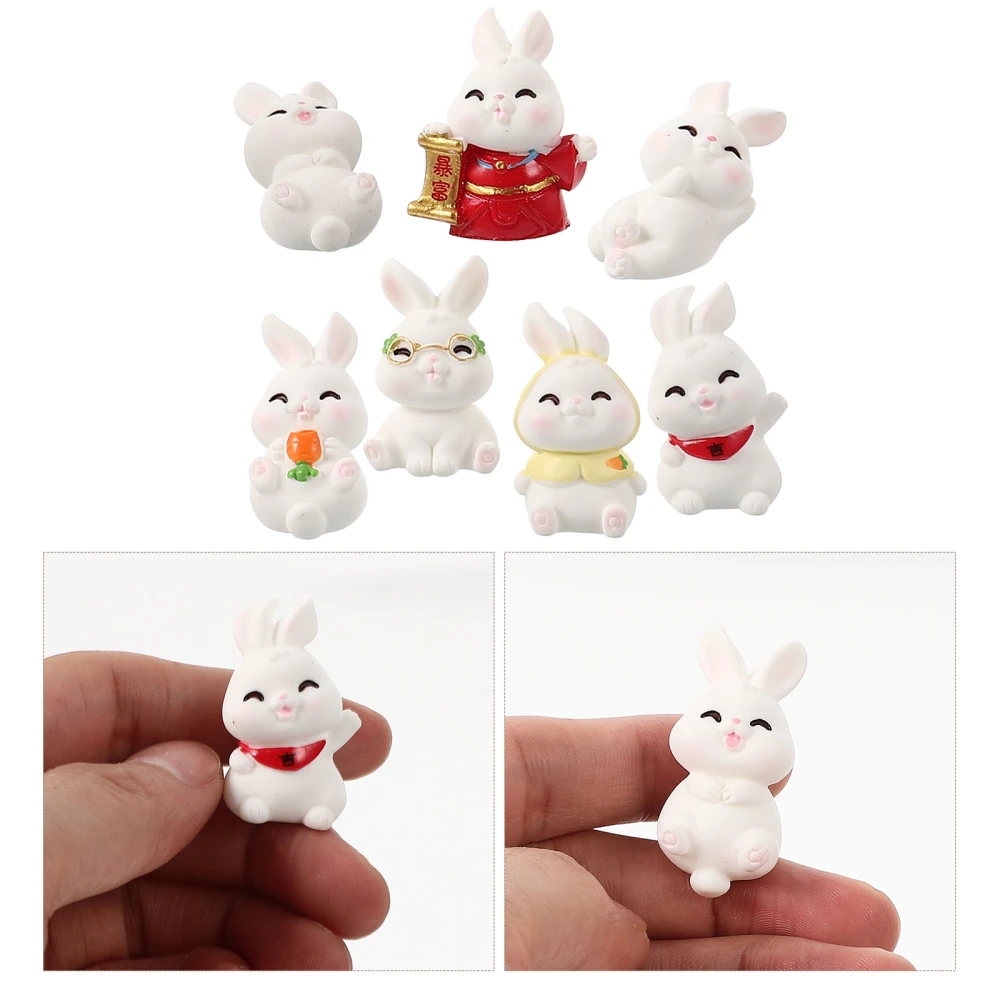 7pcs Year of the Rabbit Cartoon Zodiac Rabbit Figurine Resin DIY Mini Bunny Decoration