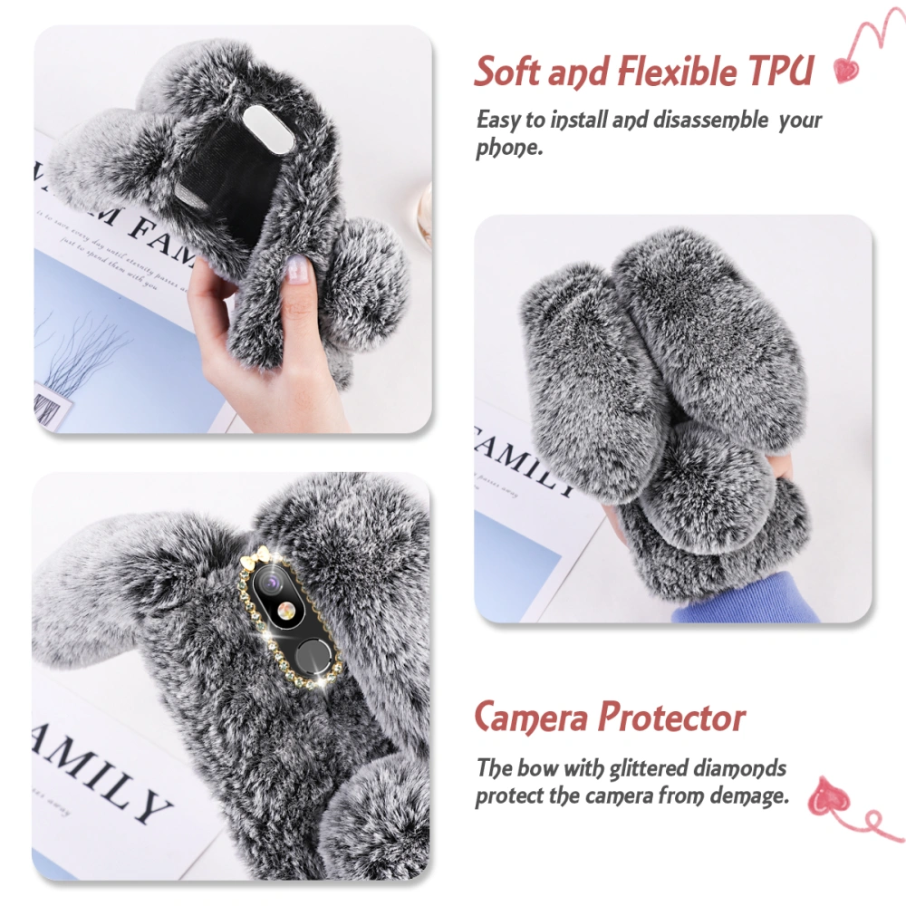 Plush Phone Cover Rabbit Ear Four Seasons All-Match Warm Rhinestone Camera Frame TPU Phone Case Phone Shell Compatible with LG K40 (Dark Grey)